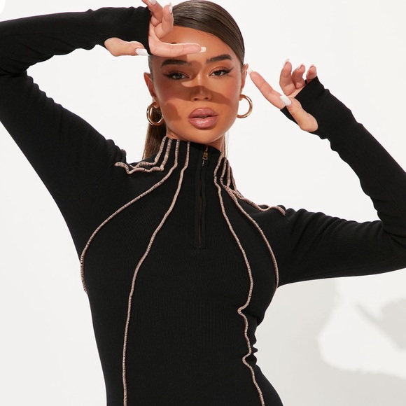 Fashion Nova Black Sweater Dress with Tan Details - Picture 2 of 6